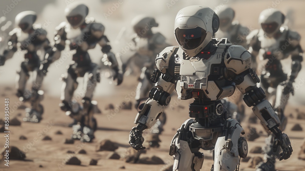 Poster A group of robots are walking through a desert. The robots are all white and have red eyes. The desert is filled with rocks and dust, giving the scene a desolate and barren feel