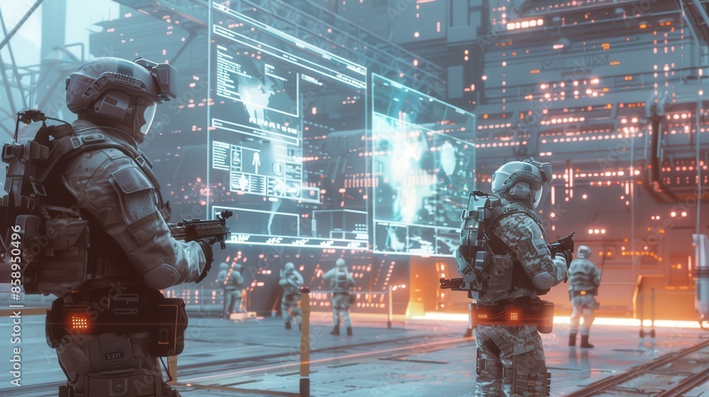 Leinwandbilder Two soldiers are standing in front of a computer screen, looking at the image. The soldiers are wearing camouflage and appear to be in a futuristic setting. Scene is tense and focused