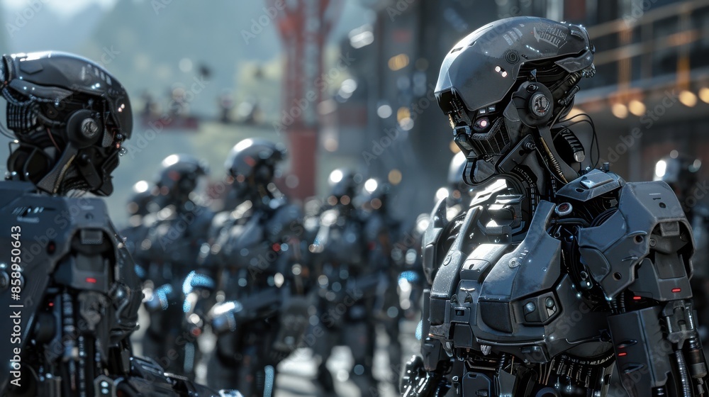 Aufkleber A group of robots are standing in a line, with one of them having a large head. The robots are all black and appear to be in a futuristic setting