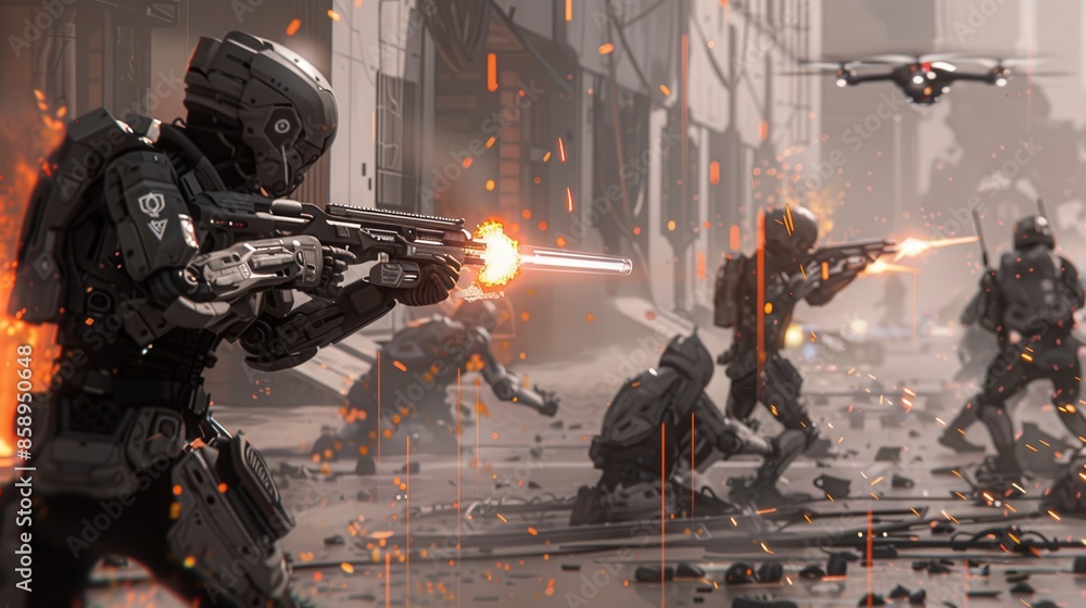 Poster A group of robots are fighting in a war zone. The robots are armed with guns and are surrounded by fire. Scene is intense and chaotic, as the robots are engaged in a battle