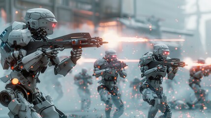 A group of robots are fighting in a war. The robots are all white and have red eyes. The scene is set in a war zone with explosions and fire