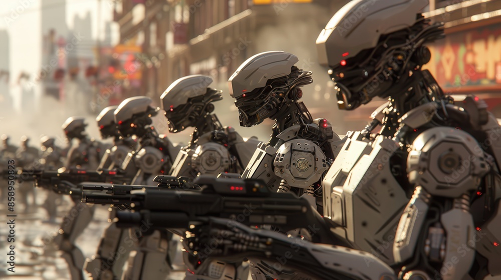 Poster A group of robots are lined up and holding guns. The robots are all the same color and appear to be part of a military force. The scene is set in a city, with buildings