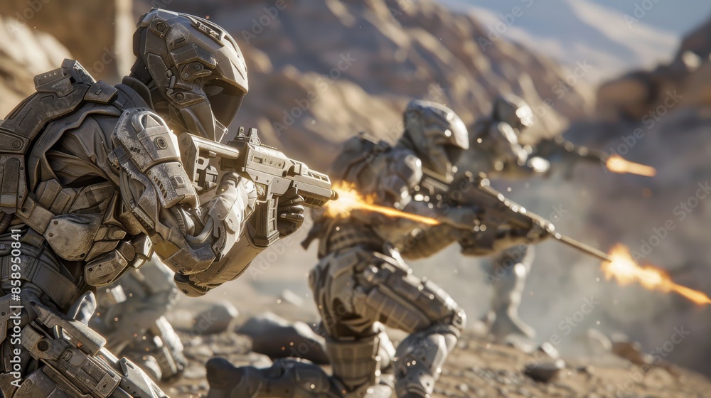 Poster three soldiers in a desert with one of them holding a gun