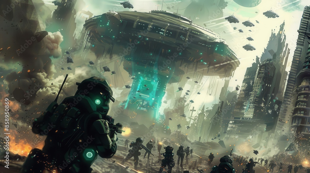 Aufkleber a group of soldiers are fighting in a war zone with a large green alien spaceship in the background