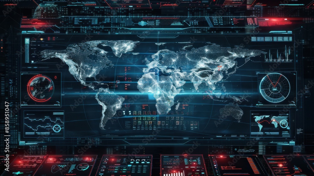 Poster A computer monitor displays a map of the world with a red border. The map is filled with dots, which represent various data points. Scene is one of technology and information