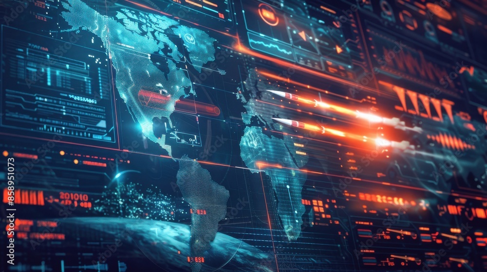 Poster a computer screen shows a map of the world with a red line indicating a rocket launch. concept of ex