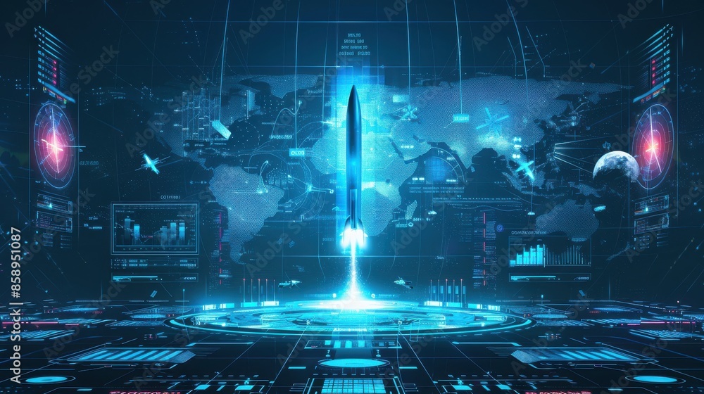 Poster a computer screen shows a rocket launching into space. the image is a representation of a futuristic