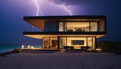 A house with a lightning bolt in the sky , storm, surreal, weather, dramatic, power, energy, concept,