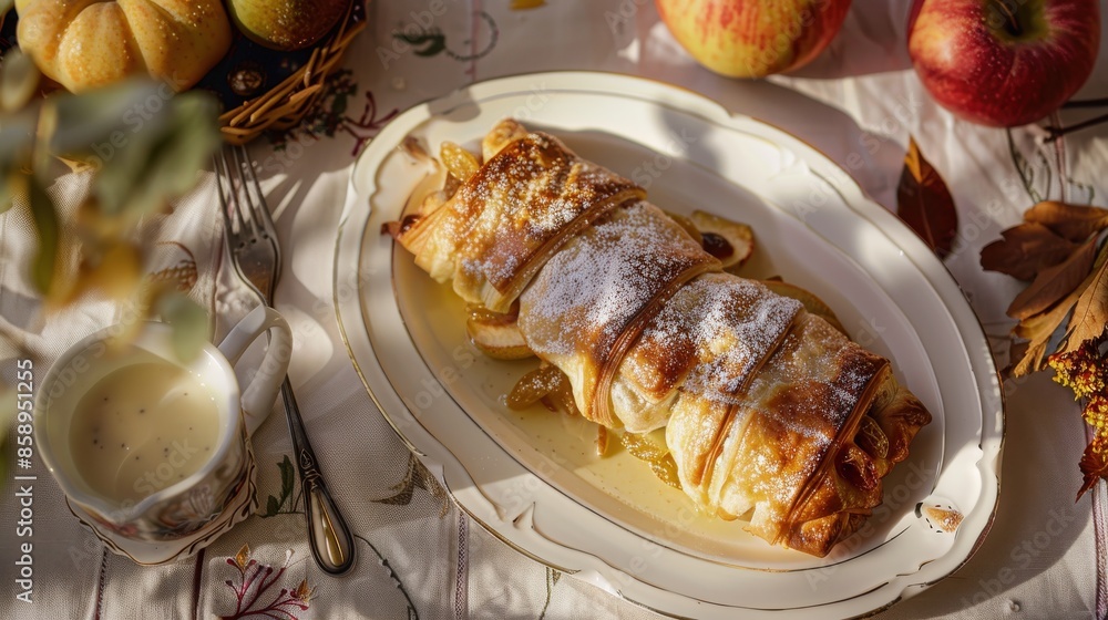 Poster A plate of pastry with powdered sugar and apples on top. The plate is on a table with a cup of cream and a fork