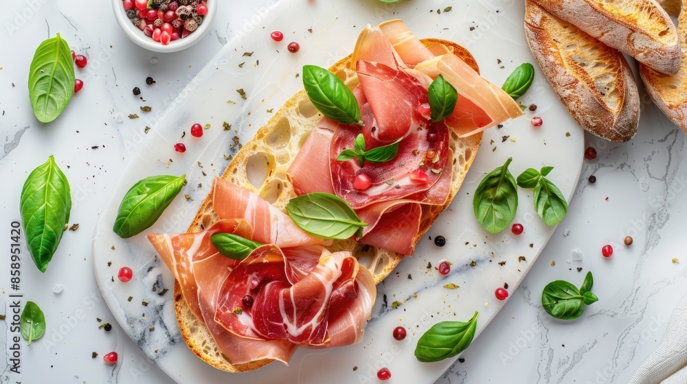 Canvas Prints Board with ham basil and crostini on marble surface