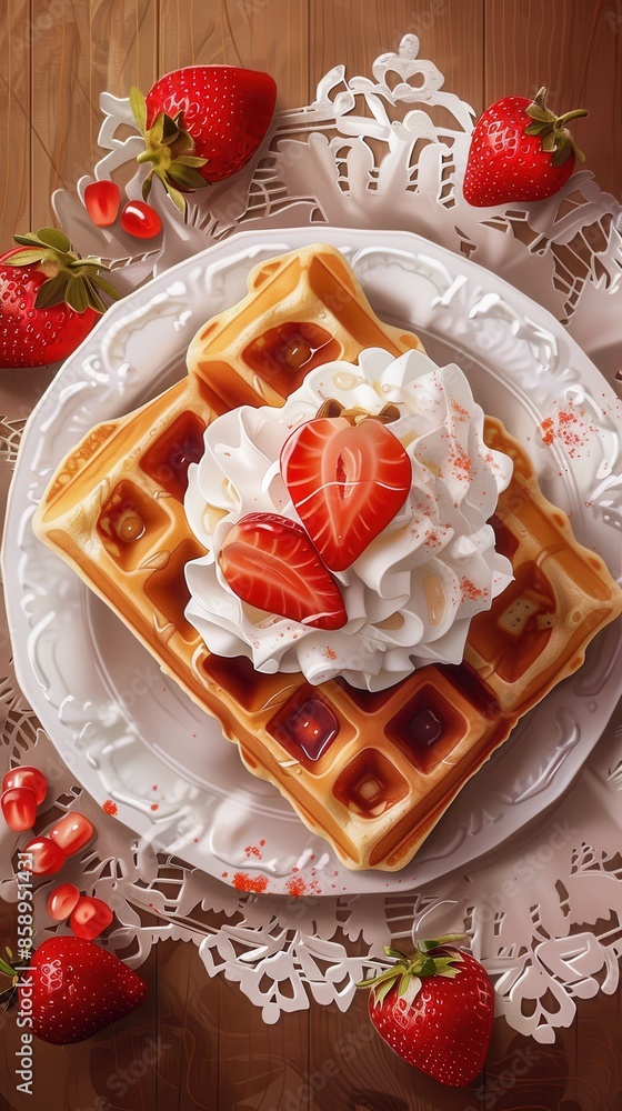 Poster a plate of waffles with strawberries and whipped cream on top. the plate is set on a white tableclot