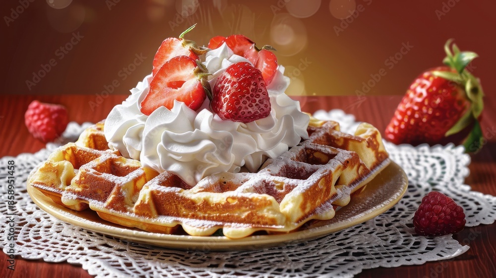Poster a plate of waffles with strawberries and whipped cream on top. the plate is placed on a table with a