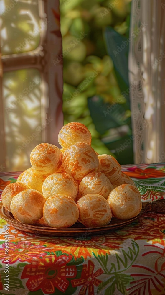 Poster a plate of food with a bunch of small yellow balls on it. the plate is on a table with a colorful ta