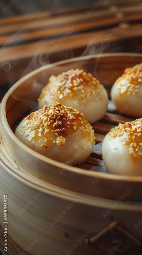 Poster a group of four dumplings are steaming in a bamboo steamer. the steam rising from the dumplings crea