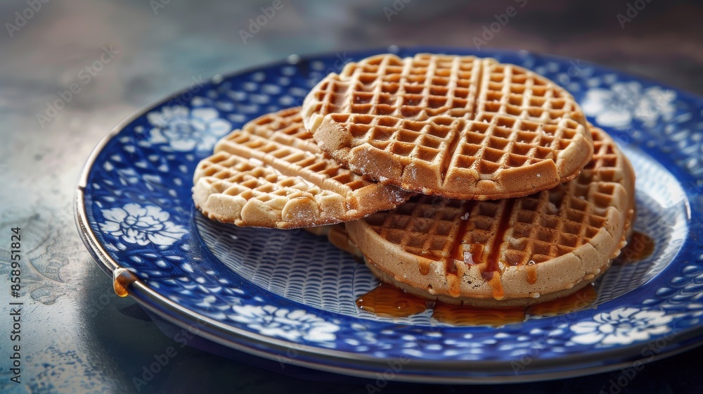 Poster a plate of waffles with syrup on top. the plate is blue and white. the waffles are stacked on top of