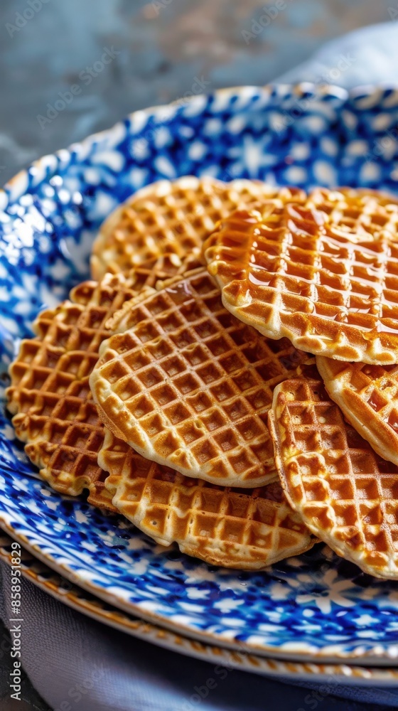 Poster a blue and white plate with waffles on it. the waffles are stacked on top of each other