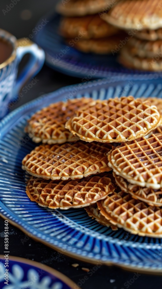 Poster a plate of waffles is piled high on a blue plate. the waffles are stacked on top of each other, and 
