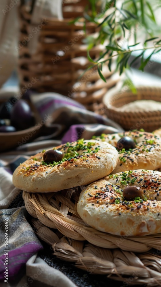 Poster three small round breads with olives on top are sitting on a woven basket. the basket is on a table 