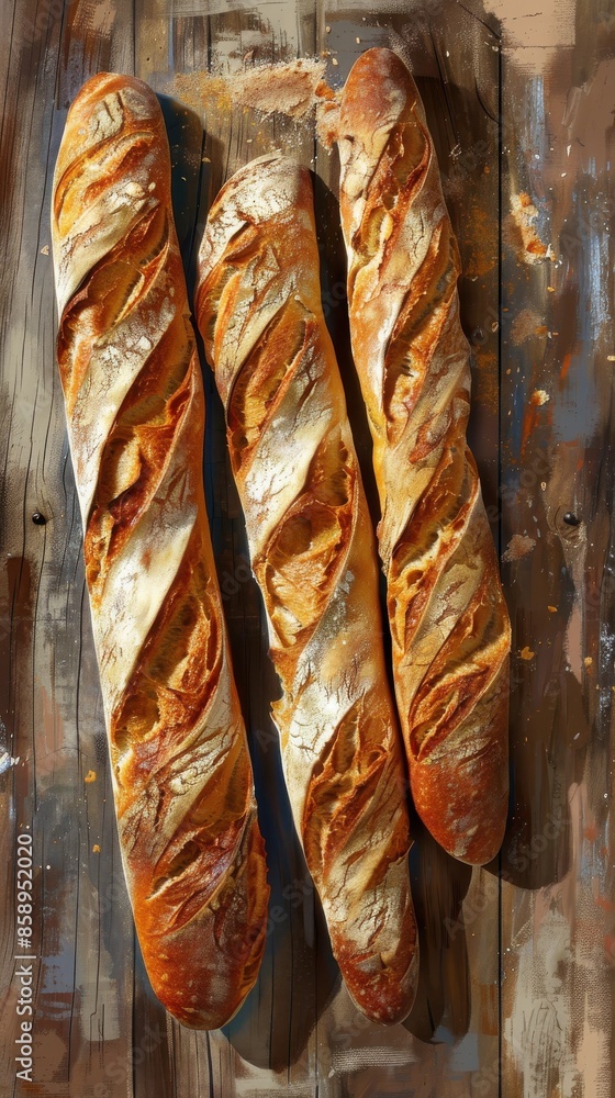 Poster three loaves of bread are sitting on a wooden table. the bread is sliced and he is freshly baked. th