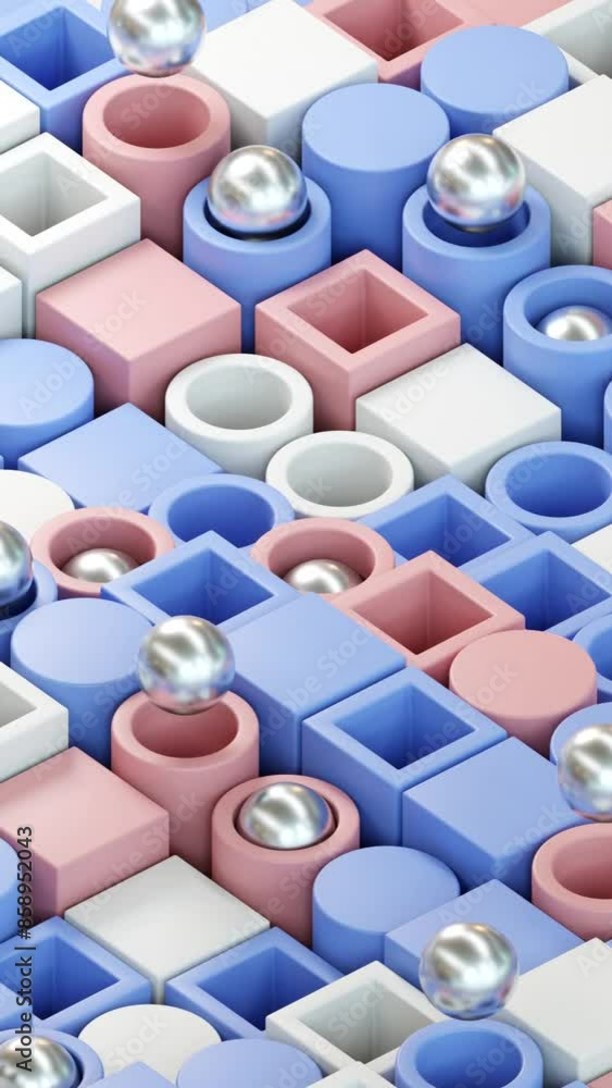 Poster Block and sphere geometric background, motion design 3d render looping animation