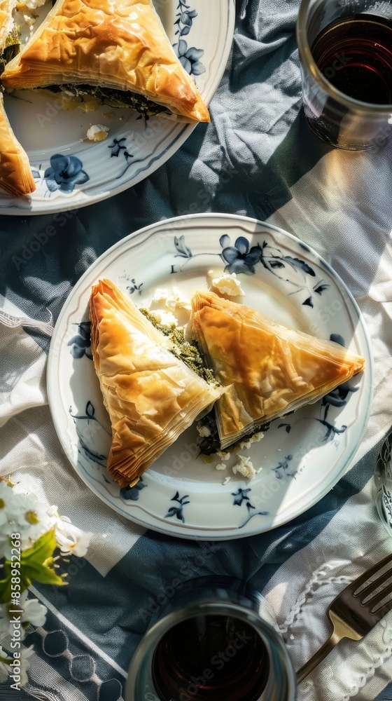 Aufkleber a plate of spinach and feta pastry is on a table with a wine glass and fork. the plate is decorated 