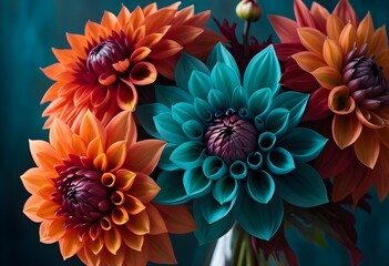 Vibrant Summer Blooms: A Bouquet of Orange Zinnias, Blue Dahlias, and White Chrysanthemums in a Ceramic Vase