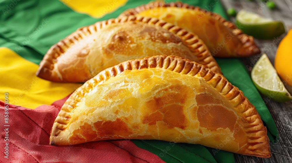 Poster three pastries with a lime on top of them. the lime is on a table with a red, green, and yellow clot