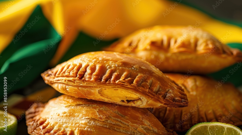 Poster A stack of pastries with a lime on top. The pastries are golden brown and appear to be filled with a yellow substance. The lime adds a pop of color and freshness to the scene