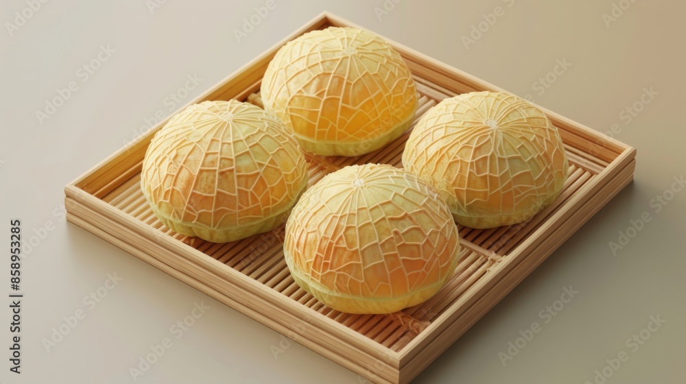 Poster a tray of four small pastries with a patterned crust. the pastries are arranged in a square on a woo