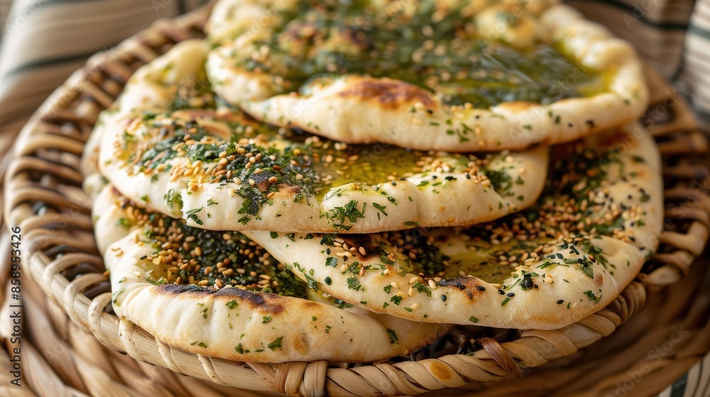 Poster a basket of bread with sesame seeds and parsley on top. the bread is stacked on top of each other