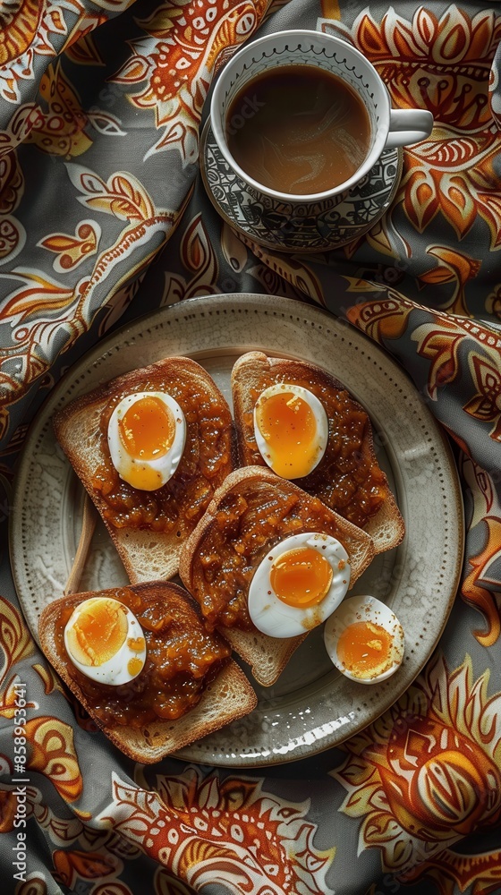 Poster a plate of toast with eggs and jam is on a table next to a cup of coffee. the plate is white and the