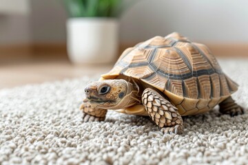Close up of a turtle moving at a slow pace across the soft and cozy living room carpet