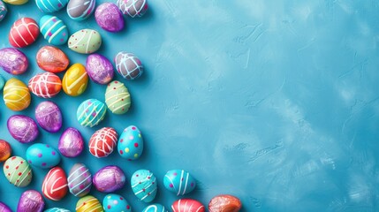 Colorful chocolate Easter eggs on neon blue background with space for text Holiday theme viewed from above