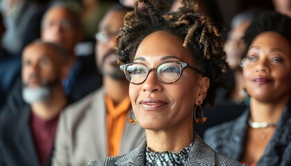 Focused faces  participants engaged in presentation, listening intently to speaker