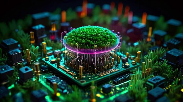 A circuit board with a green glowing object in the center resembling a plant or tree.