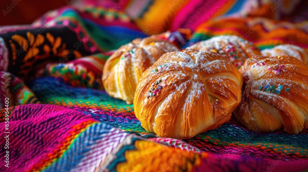 Poster A few cinnamon rolls are sitting on a colorful blanket. The blanket is multicolored and has a pattern. The rolls are sprinkled with powdered sugar and look delicious