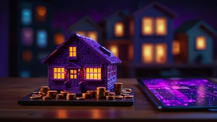 A purple house made of circuit boards sits on a table next to a tablet. - Powered by Adobe
