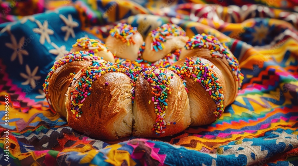 Poster a colorful pastry with sprinkles on top sits on a colorful blanket. the pastry is decorated with a v