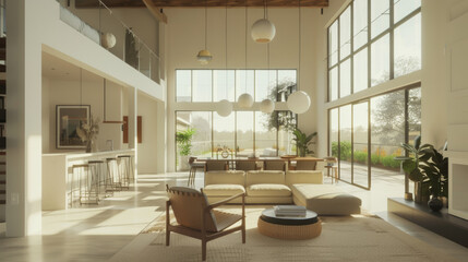 Fototapeta premium A cozy, open living space with a mix of modern and natural elements, featuring large windows that let in ample sunlight and comfortable seating.