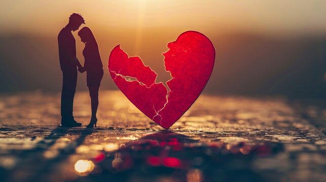 A couple standing in front of a broken heart.