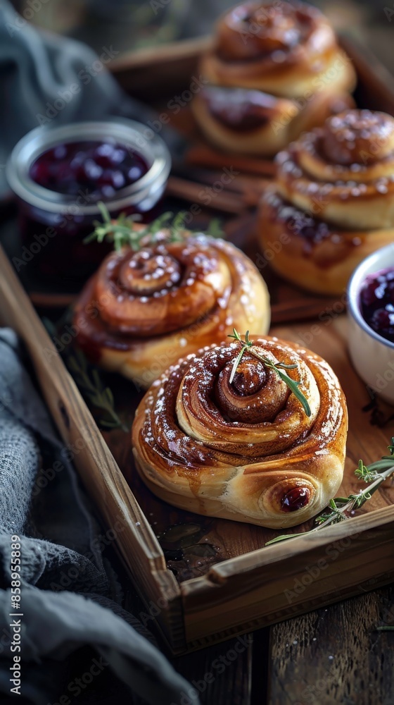Poster a tray of cinnamon rolls with a jar of jelly and a bowl of berries. scene is warm and inviting, with