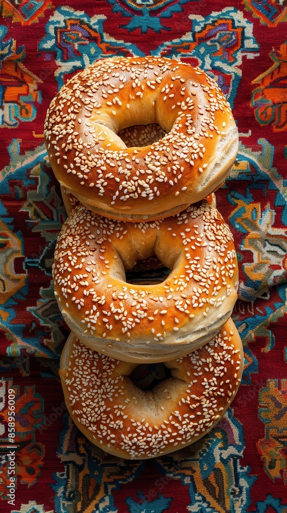 Aufkleber Three sesame seed bagels are stacked on top of each other on a red rug. The bagels are all the same size and have a similar appearance. The scene is simple and uncluttered