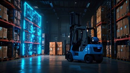 A forklift is in a warehouse with tall shelves. The shelves are lit up with blue lights, and there are boxes on the shelves and on the floor.