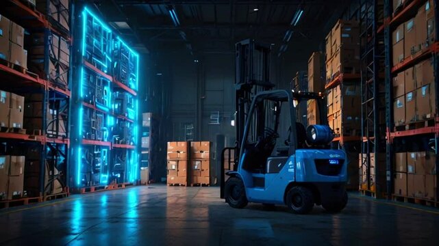 A forklift is in a warehouse with tall shelves. The shelves are lit up with blue lights, and there are boxes on the shelves and on the floor.