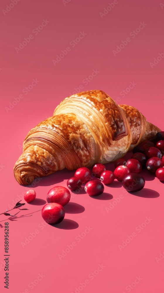 Poster A croissant with cranberries on top of a pink background. The cranberries are scattered around the croissant, creating a visually appealing and appetizing scene