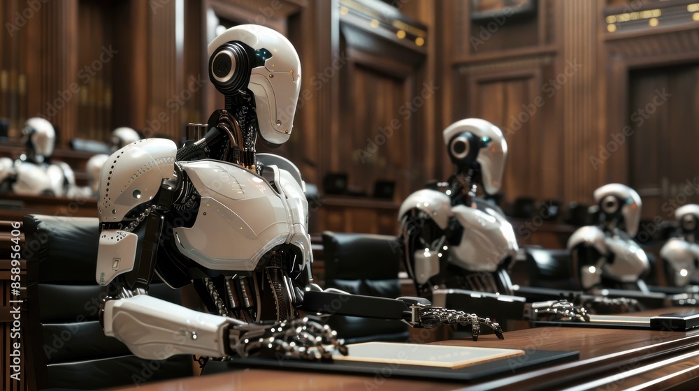 Poster a group of robots are sitting at a desk in a room. the robots are all white and appear to be in a co