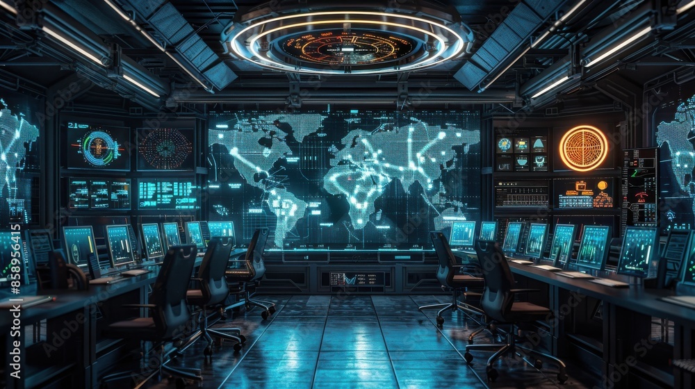 Poster a computer room with a large monitor showing a map of the world. there are several computer monitors