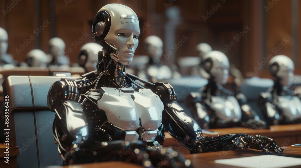 Poster a robot is sitting at a desk in front of a group of other robots. the robot is wearing a suit and he