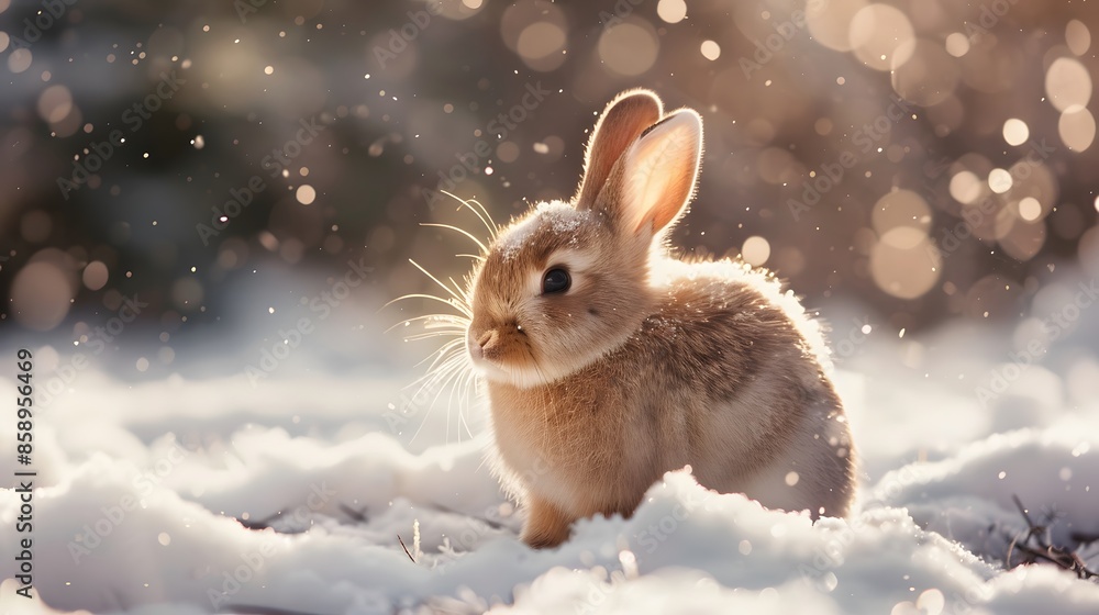 Wall mural white funny fluffy rabbit in the snow.  - Wall murals