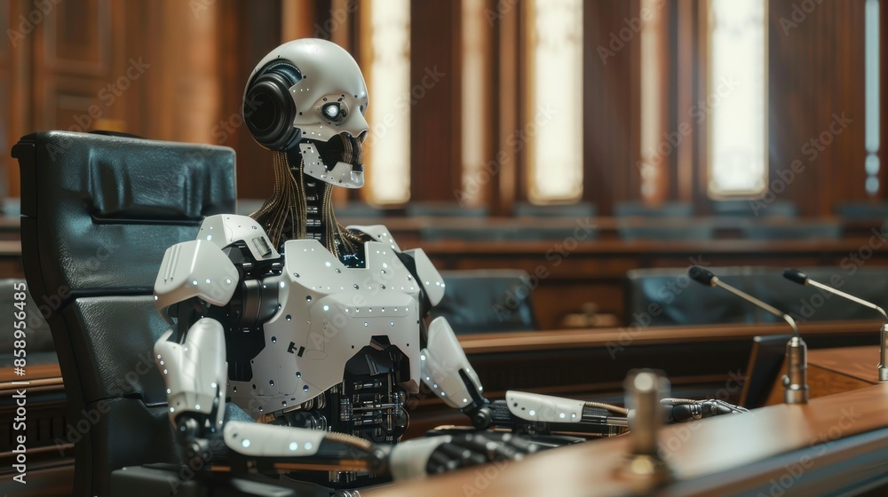 Poster a robot is sitting in a chair in front of a judge. the robot has a sad expression on its face